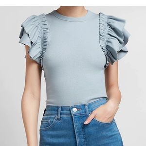 Express Ribbed Ruffle Sleeve Top-Slate Blue{NWOT}
